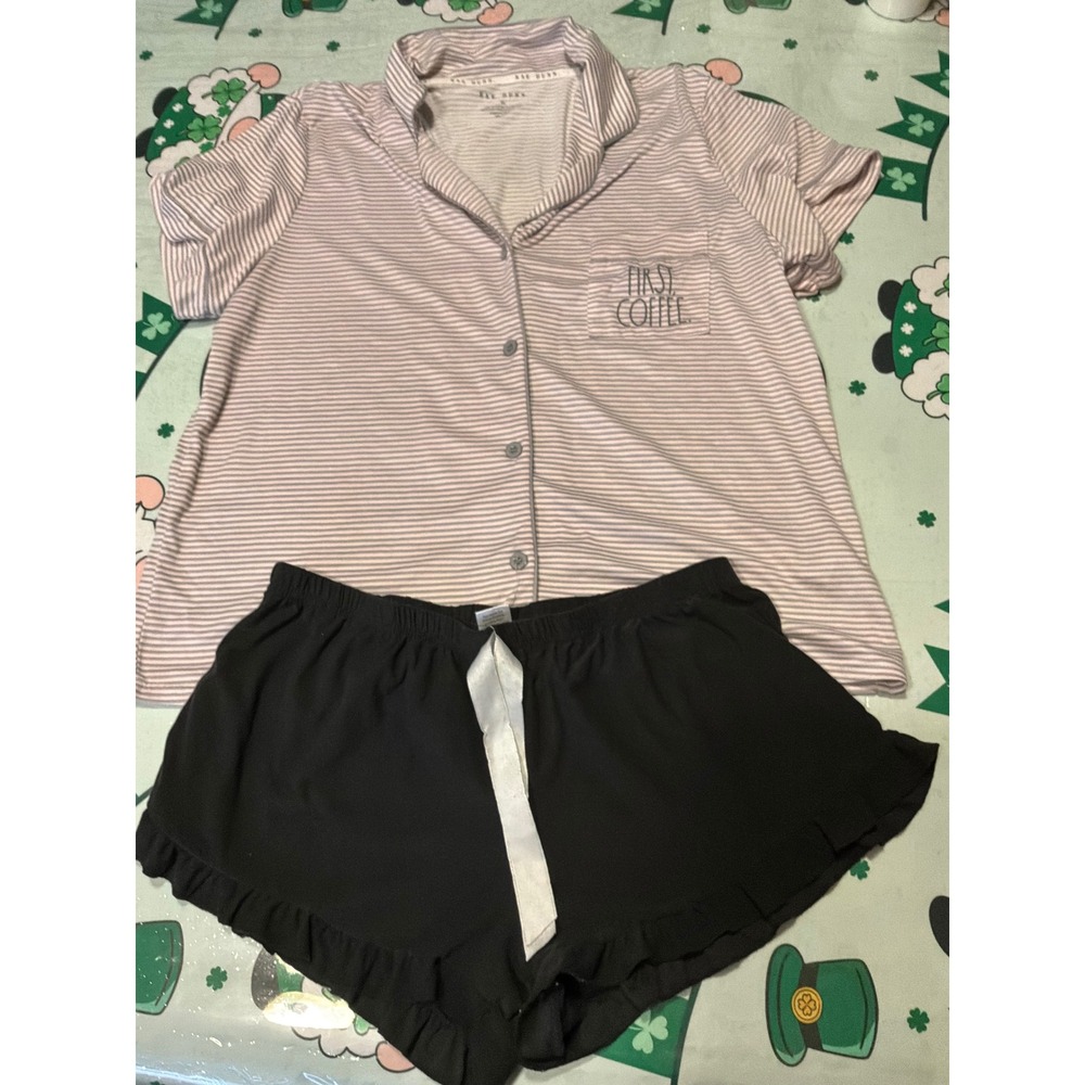 Rae Dunn First Coffee Pajama Set Womens XL Striped Button Top Ruffle Shorts Grey
